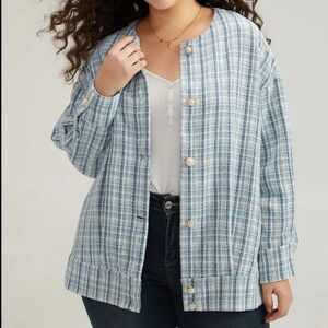 BloomChic Women's Blue Button Up Long Sleeve Blazer Jacket Plaid Top Size 18/20